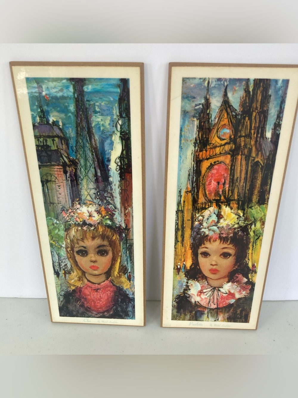 Vtg Mabel Landaker Big Eyed Girl Paris RARE Art Lithographs on Board Set MCM HTF